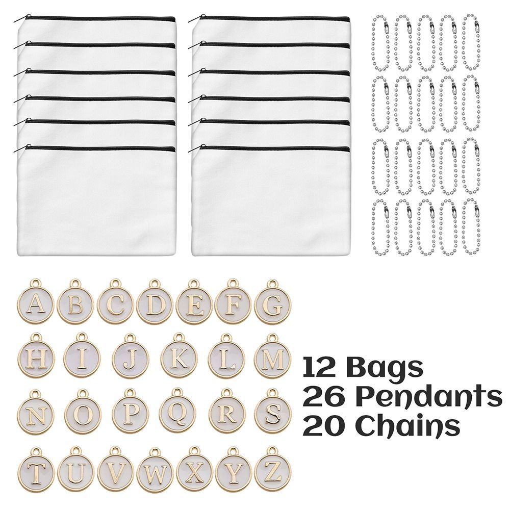 12 Pcs Paintable Blank Canvas Pouch With 26 Pcs Letter Charms And 10 Pcs Chain Multi-purpose Cosmetic Bag With Zipper Makeup Bages For DIY Craft Travel Organized