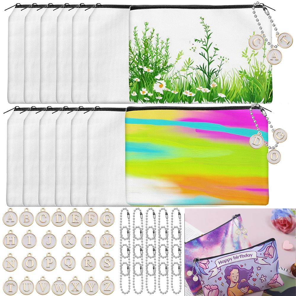 12 Pcs Paintable Blank Canvas Pouch With 26 Pcs Letter Charms And 10 Pcs Chain Multi-purpose Cosmetic Bag With Zipper Makeup Bages For DIY Craft Travel Organized